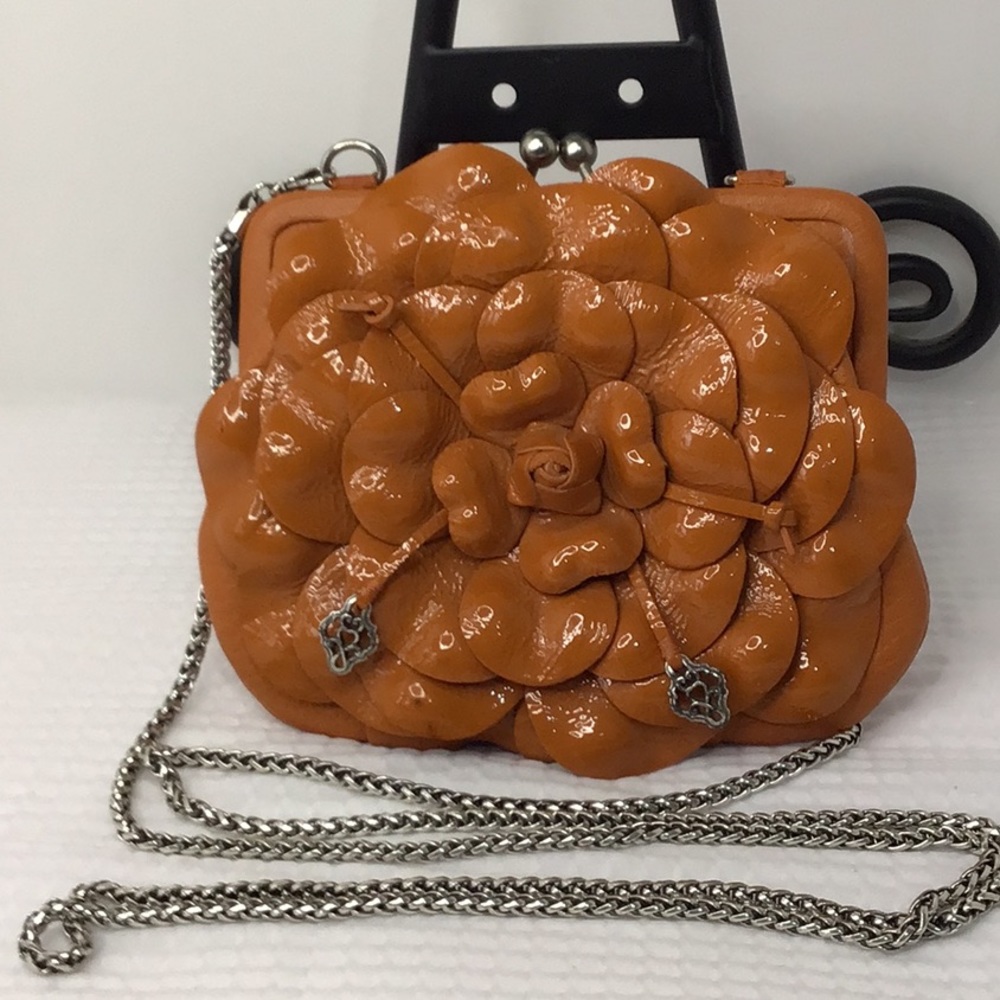 Brighton Orange Patent Leather 3  Dimensional Rose Petals Kiss Lock Mini Purse